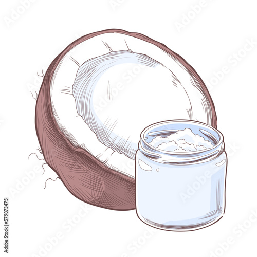 Composition with coconut and coconut oil in glass jar, isolated vector