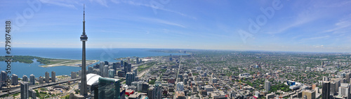 Panoramic view of Lake Ontario over the city centre of Toronto  Ontario  Canada.