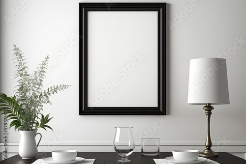 Modern dining room with empty photo frame on wall - made with generative AI © Chris