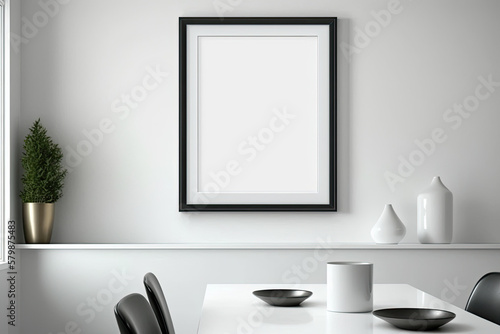 Modern dining room with empty photo frame on wall - made with generative AI