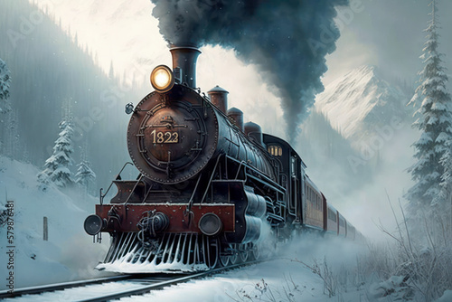 Old steam locomotive drives on the tracks through snow with smoking chimney as digital illustration (Generative AI)