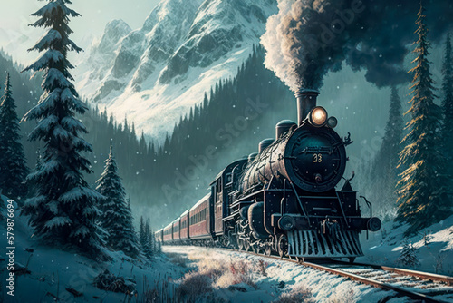 Old steam locomotive drives on the tracks through snow with smoking chimney as digital illustration (Generative AI)