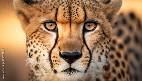 Beautiful cheetah extreme close up portrait. Looking straight in the camera photo