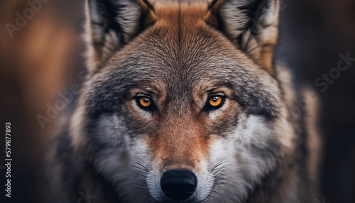 Beautiful wolf extreme close up portrait. Looking straight in the camera