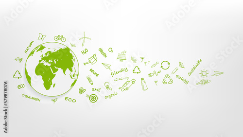 Eco friendly, Sustainable development, Go green, Earth day and World environment day with hand drawn doodle icons, Vector illustration