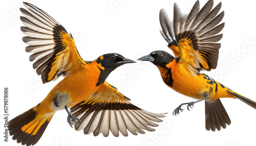 a spring-themed photographic illustration of an isolated orange oriole bird in mid-flight set on a transparent background in PNG. Generative AI, Icterus