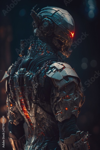 Futuristic soldier wearing modern armor, cyberpunk style. Created with generative Ai technology