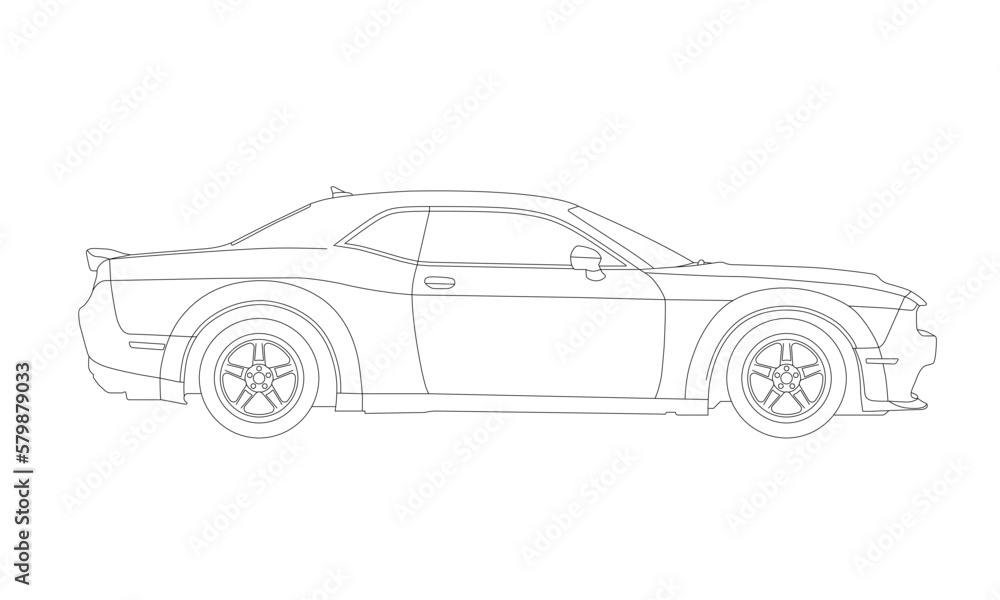 Sport Car Silhouette Outlined, Illustration, side view blueprint