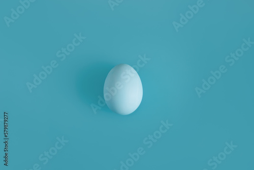 White egg on a light blue background in the center. Background concept for design, visual art, minimalism, easter.