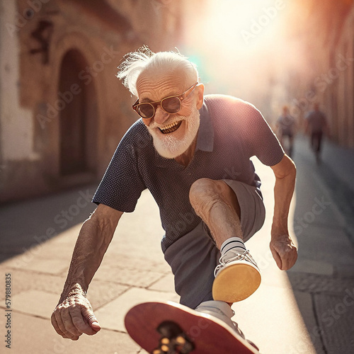 Fidele Senioren auf dem Skateboard mit großer Lebensfreude