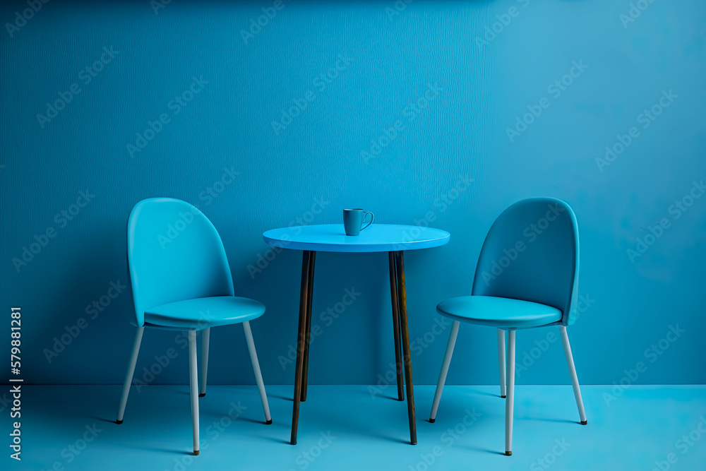 Empty Chairs And Table Against Blue Wall, Empty, Chairs, Table, Blue Wall, Interior, Minimal, generative, ai, Contemporary, Space, Room, Decoration, Furniture, caffe Empty Chairs And Table Against Blue Wall, Empty, Chairs, Table, Blue Wall, Interior, Minimal, generative, ai, Contemporary, Space, Room, Decoration, Furniture, caffe
