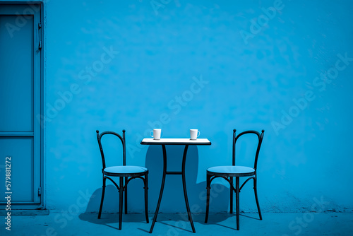 Empty Chairs And Table Against Blue Wall  Empty  Chairs  Table  Blue Wall  Interior  Minimal  generative  ai  Contemporary  Space  Room  Decoration  Furniture  caffe