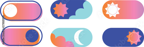 Day and Night Mode Switcher for Phone Screens. Vector. Light and Dark Buttons. Switch to dark or light mode. On Off Switch Element for Mobile App, Web Design, Animation.
