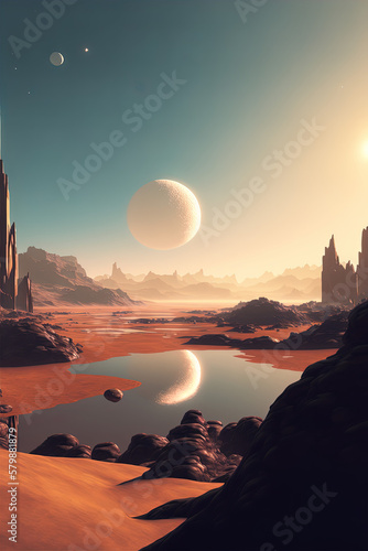 Peaceful alien landscape, surreal sci-fi, relaxing wallpaper, AI Generative