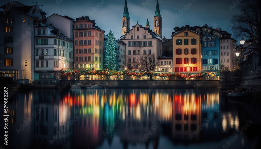 European waterfront buildings lit with colorful Christmas lights, reflection on water. Taken at blue hour evening light.