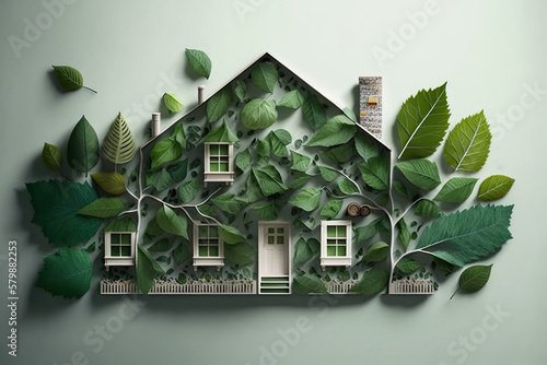 House consists of green leaves, created with Generative AI technology photo