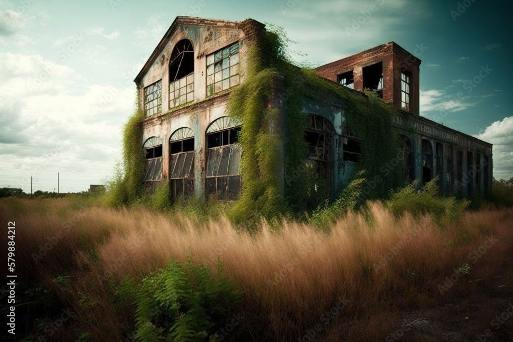 Abandoned factory with a rusted metal roof and broken windows ...