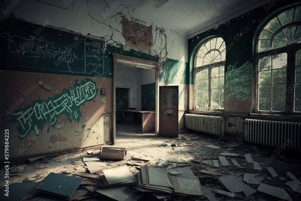 Abandoned school with a chalkboard covered in graffiti broken desks and ...