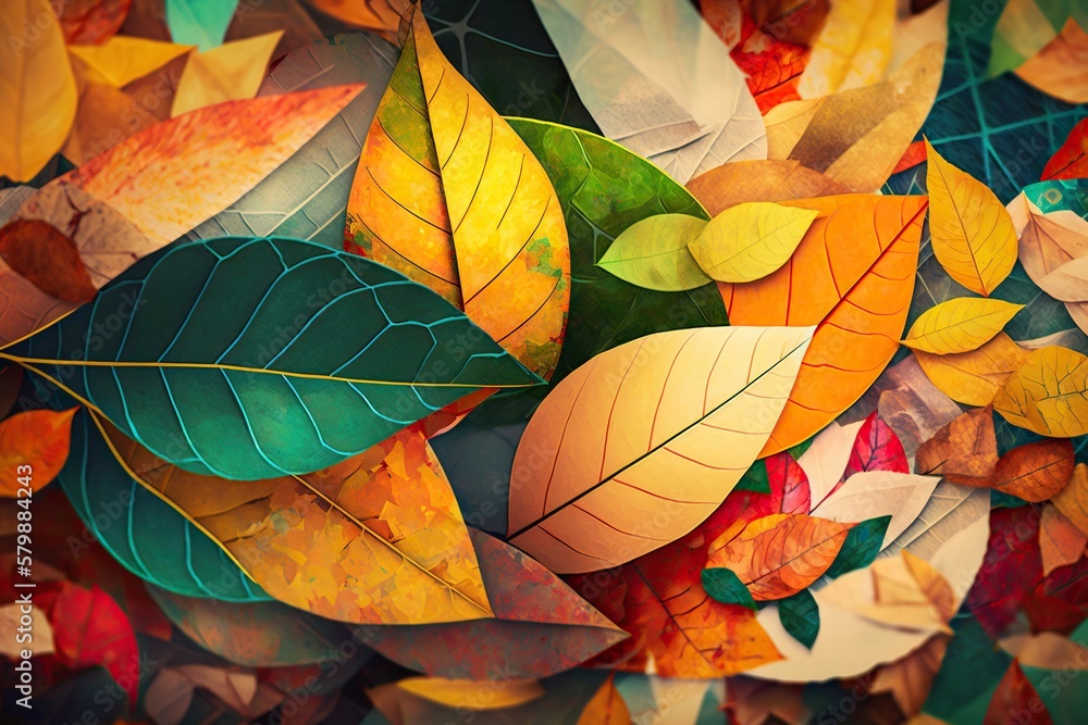Abstract composition of a pile of autumn leaves with the varied colors and textures, concept of Vibrant Color Palette and Harmonious Balance, created with Generative AI technology