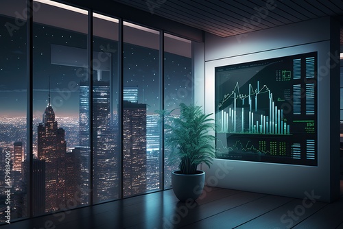 A view of a modern office building at night with the city skyline in the background and a stock market chart, concept of Urban Landscape and Financial Markets, created with Generative AI technology