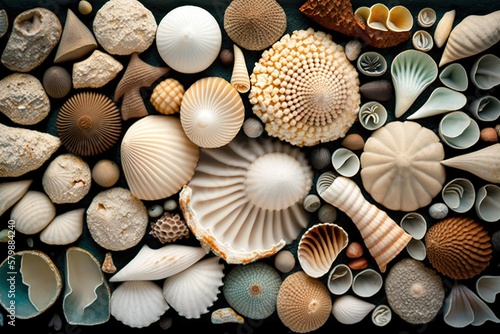 Abstract composition of a collection of seashells with the varied shapes colors and textures, concept of Organic Patterns and Coastal Art, created with Generative AI technology
