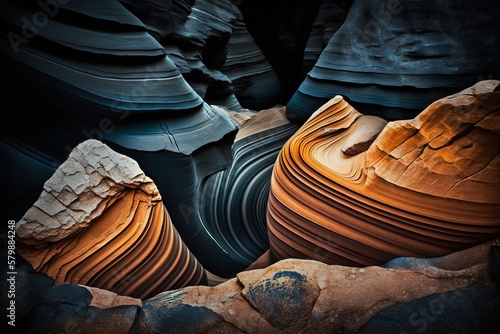 Abstract composition of a rock formation with the natural patterns and shapes, concept of Organic Architecture and Textural Contrast, created with Generative AI technology photo