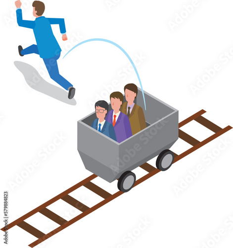 社会のレールから外れて走り出す男性のイメージ