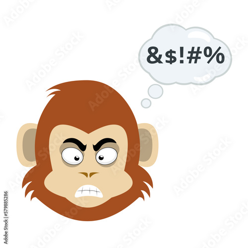 vector illustration face of a monkey primate cartoon with an angry expression, a cloud of thought with an insult text
