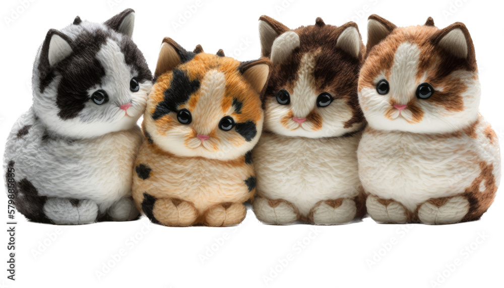 a plush toy-themed photographic illustration featuring an isolated group of adorable tiny kitty cats with cute eyes set on a transparent background in PNG. Generative AI a plush toy-themed photographic illustration featuring an isolated group of adorable tiny kitty cats with cute eyes set on a transparent background in PNG. Generative AI
