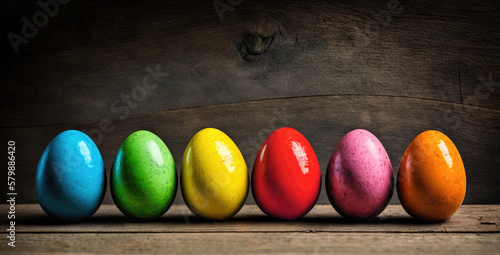 Row of Easter eggs on rustic wooden background. Colorful Easter decoration banner. Generative AI