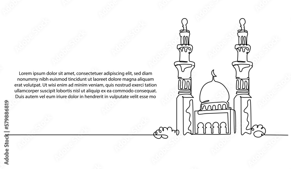 Mosque continuous line design. Islamic architectural design concept. Celebration of Ramadan, Eid al-Fitr Eid al-Adha and Islamic New Year. Decorative elements drawn on a white background. Mosque continuous line design. Islamic architectural design concept. Celebration of Ramadan, Eid al-Fitr Eid al-Adha and Islamic New Year. Decorative elements drawn on a white background.