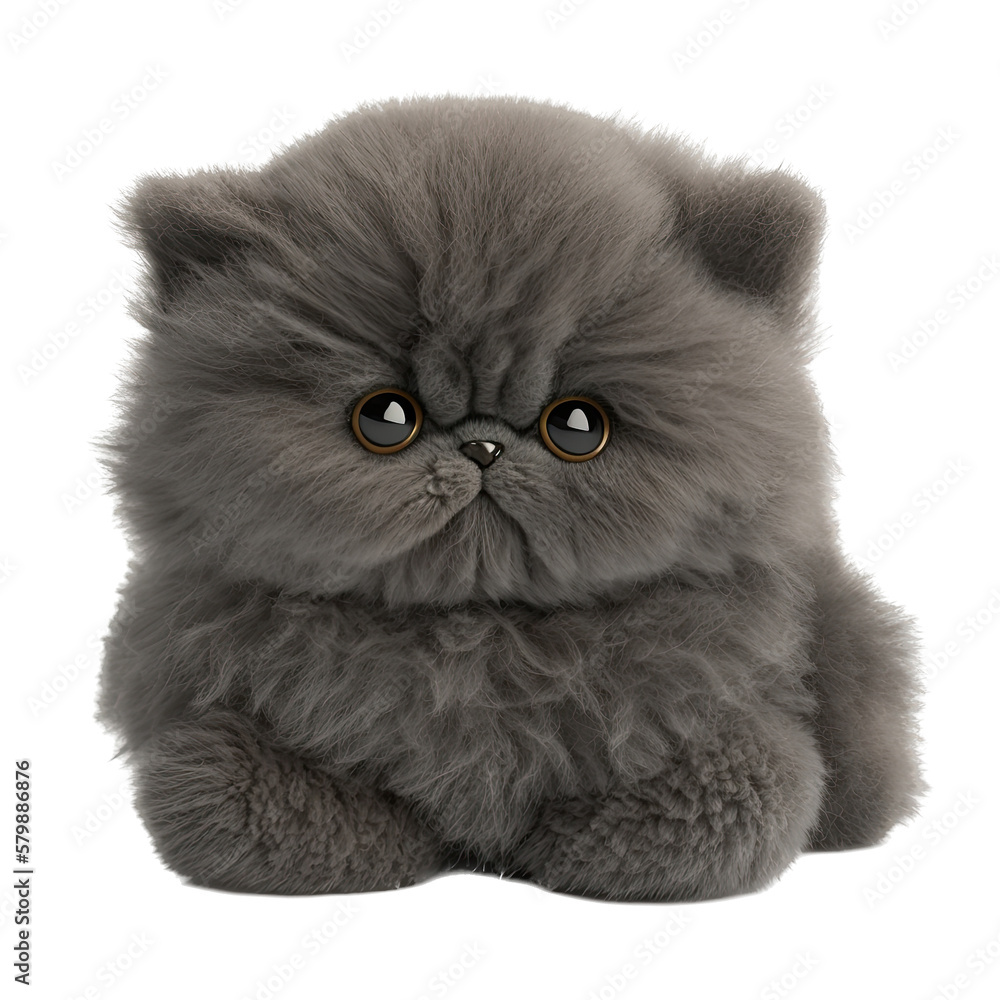 a toy-themed photographic illustration featuring an isolated adorable tiny grey Persian kitty cat with cute eyes set on a transparent background in PNG. Generative AI