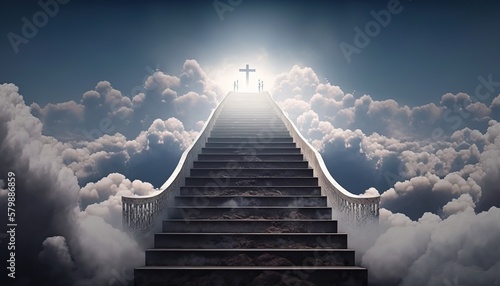 Himmelfahrt und die Himmelstreppe mit einem leuchtenden Kreuz. Die Treppen zum Himmel zu Jesus und Gott in das Paradies. Generativ KI
