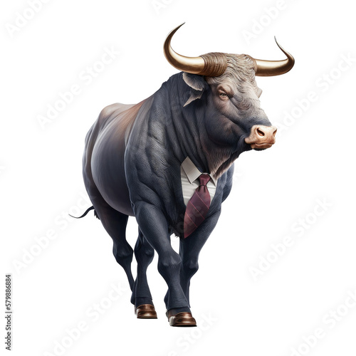 A bull with a tie walking isolated on transparent background. Generative AI