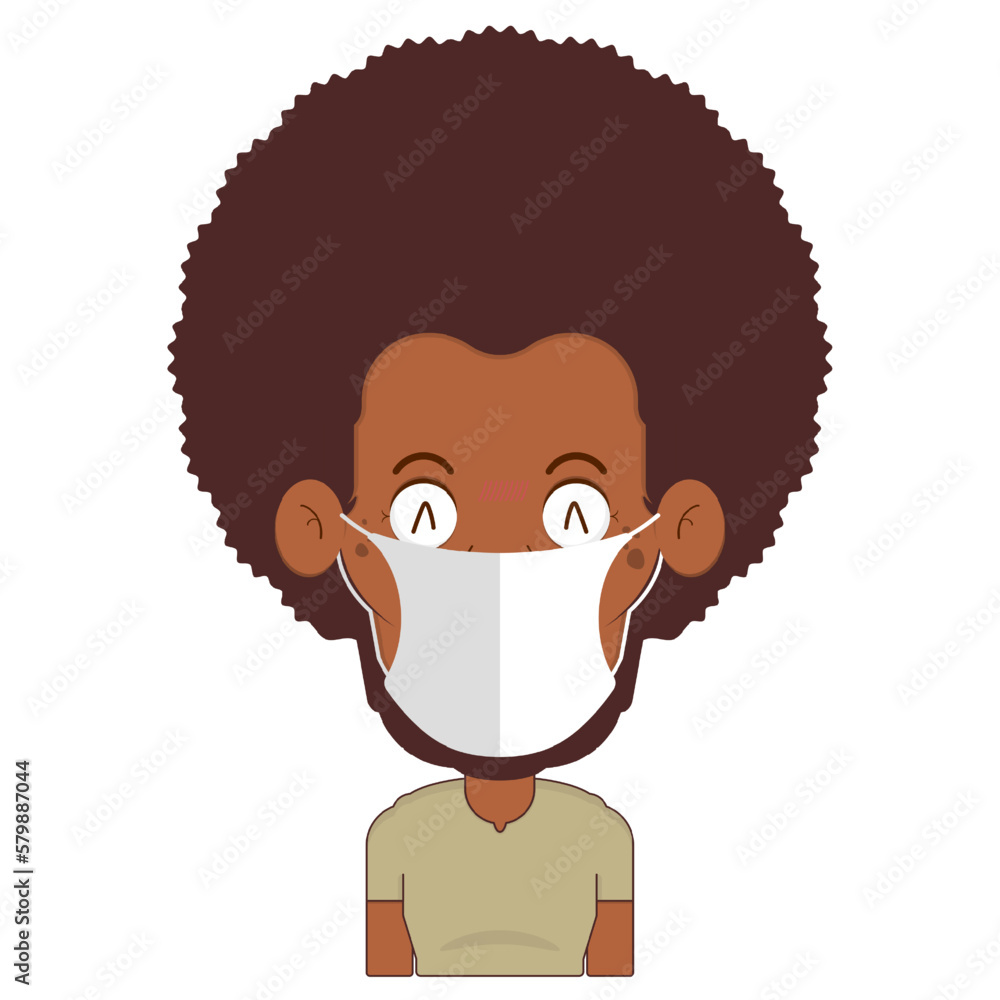 afro man wear surgical mask cartoon cute