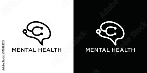 Mental health line icon. Psychotherapy and stethoscope symbol concept isolated on white and black background. Vector illustration