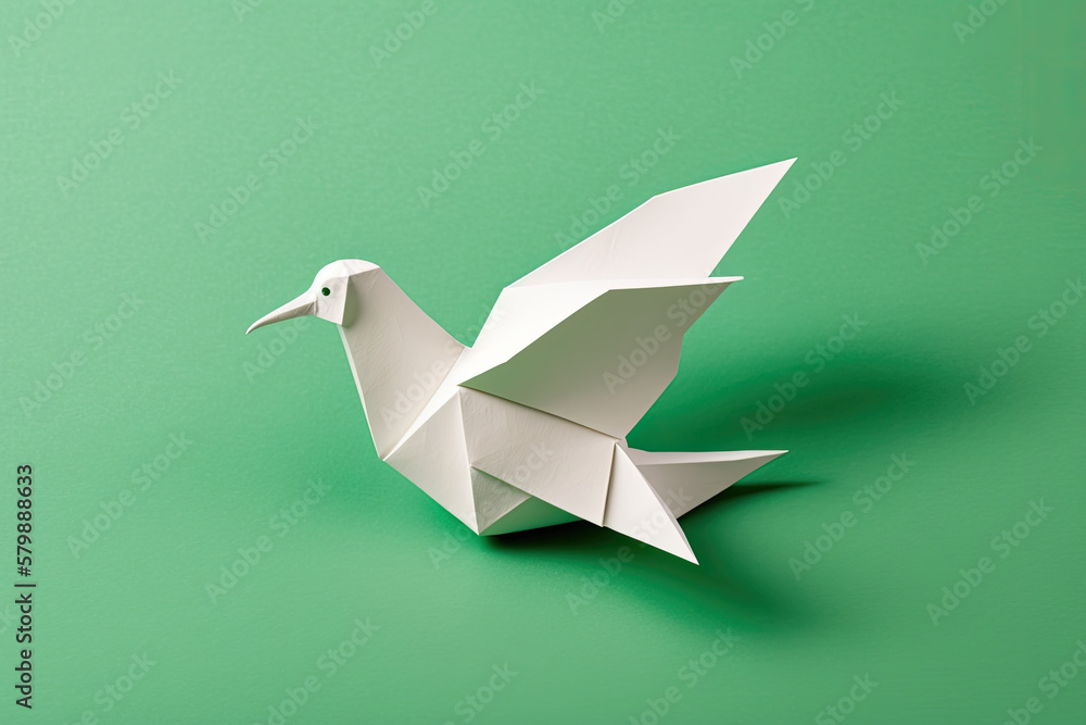 Origami dove on green background. Created with generative AI technology. Origami dove on green background. Created with generative AI technology.