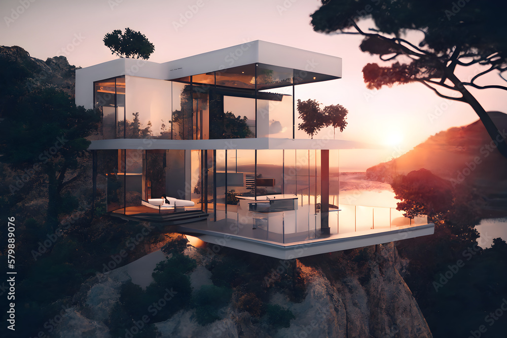 Fototapeta premium A modern and minimalist white house, created with Generative AI technology