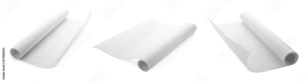 Collage with baking paper on white background, different sides Collage with baking paper on white background, different sides