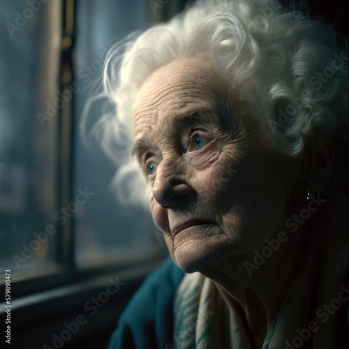 Porträt eine alten Frau die zum Fenster hinausschaut - Generative AI