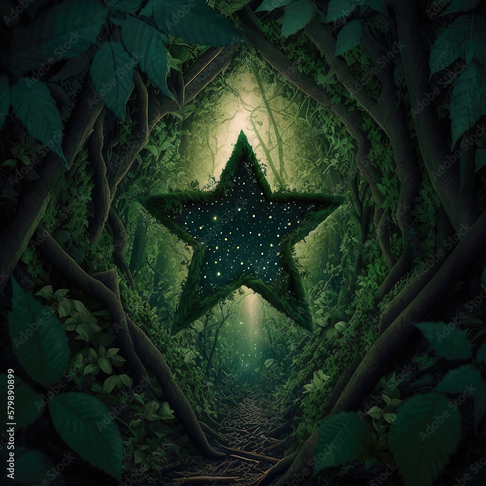 Green star in the middle of the forest, representing the merit of those who care for the forest, high quality, made in Ai