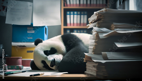 Fototapeta Naklejka Na Ścianę i Meble -  very tired panda sleeps on lots of files in the office, Generative ai