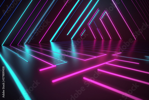 Blue Pink Neon Lines Abstract Background With Line Glowing. Generative AI.