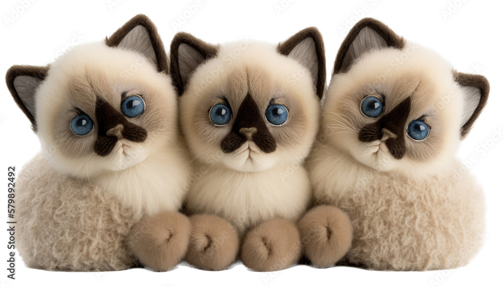 Fototapeta premium Group of siamese kitten plushies, png, transparent background, generative ai, vertical, horizontal 