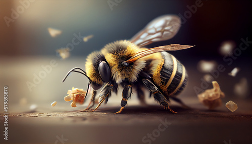 close up industrious bee flying in search of its pollen ,generative AI
