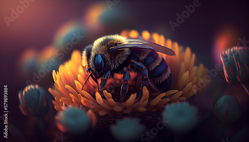 industrious bee flying in flower searching of its pollen ,generative AI