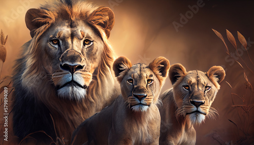 majestic lion with her two cubs ,generative AI
