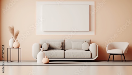 a modern-themed photographic illustration of a pastel color contemporary living room with a picture mockup set on a transparent background in PNG. Generative AI