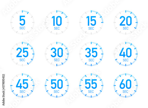 Timer, stopwatch icons set 10 20 30 40 50 60 seconds. Cooking time.