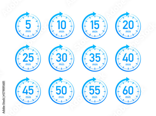 Timer, stopwatch icons set 10 20 30 40 50 60 minutes. Cooking time.